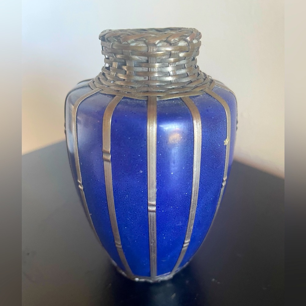 Vintage Japanese glazed vase with silver basket weave overlay